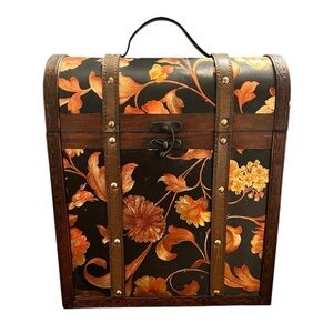 2 Bottle Antique Hand Painted Floral Wooden Wine Box Wood Faux Leather Brass